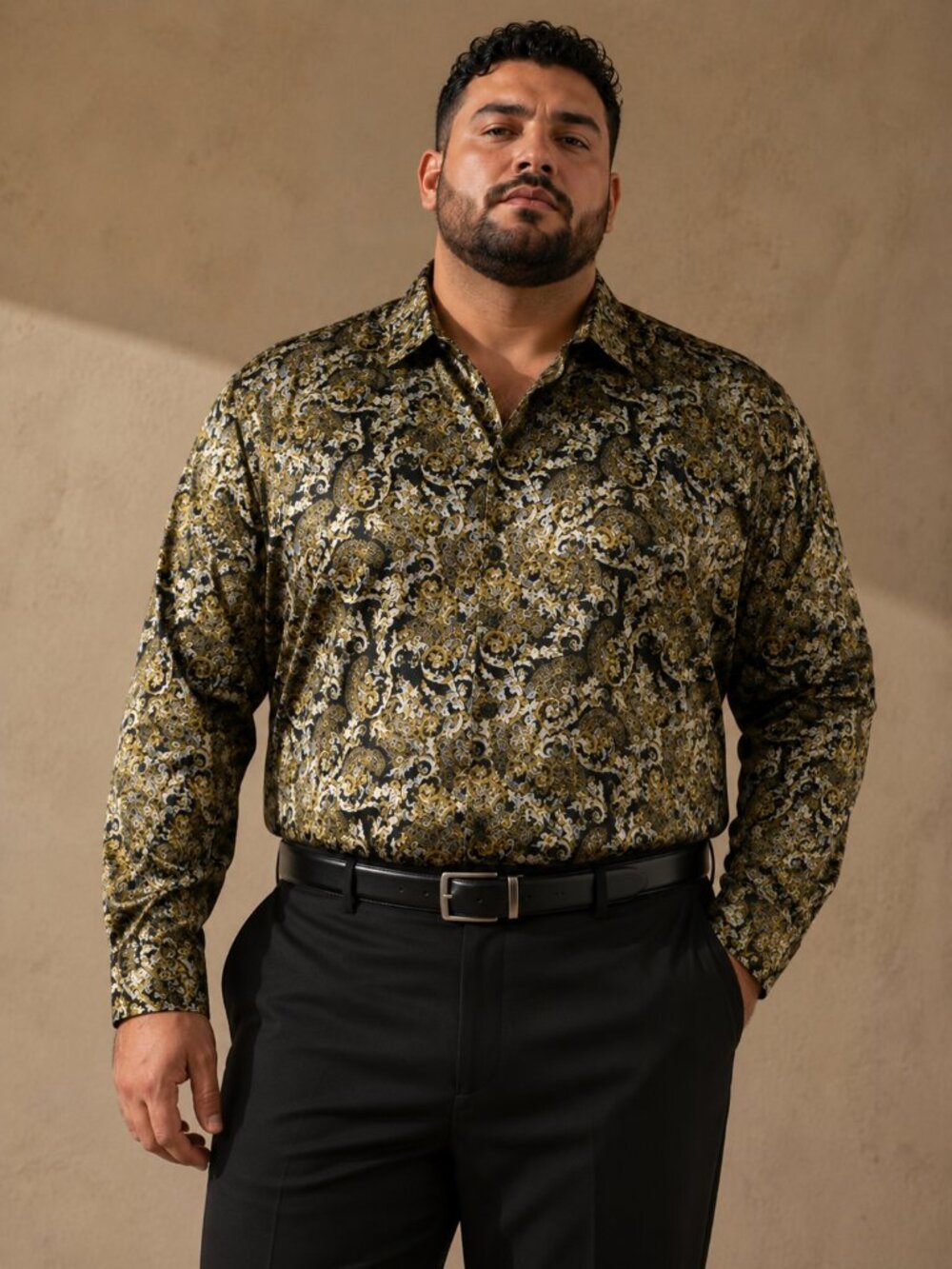 Premiere Men's XXL Gold Black Baroque Paisley Button Up Dress Shirt NWT